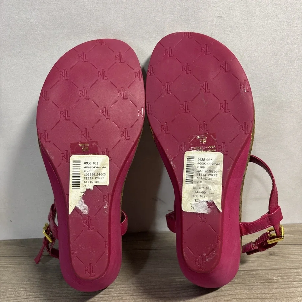 Women's 9 Vintage Ralph Lauren Reeta Strappy Pink Fuchsia Cork Wedge Y2K